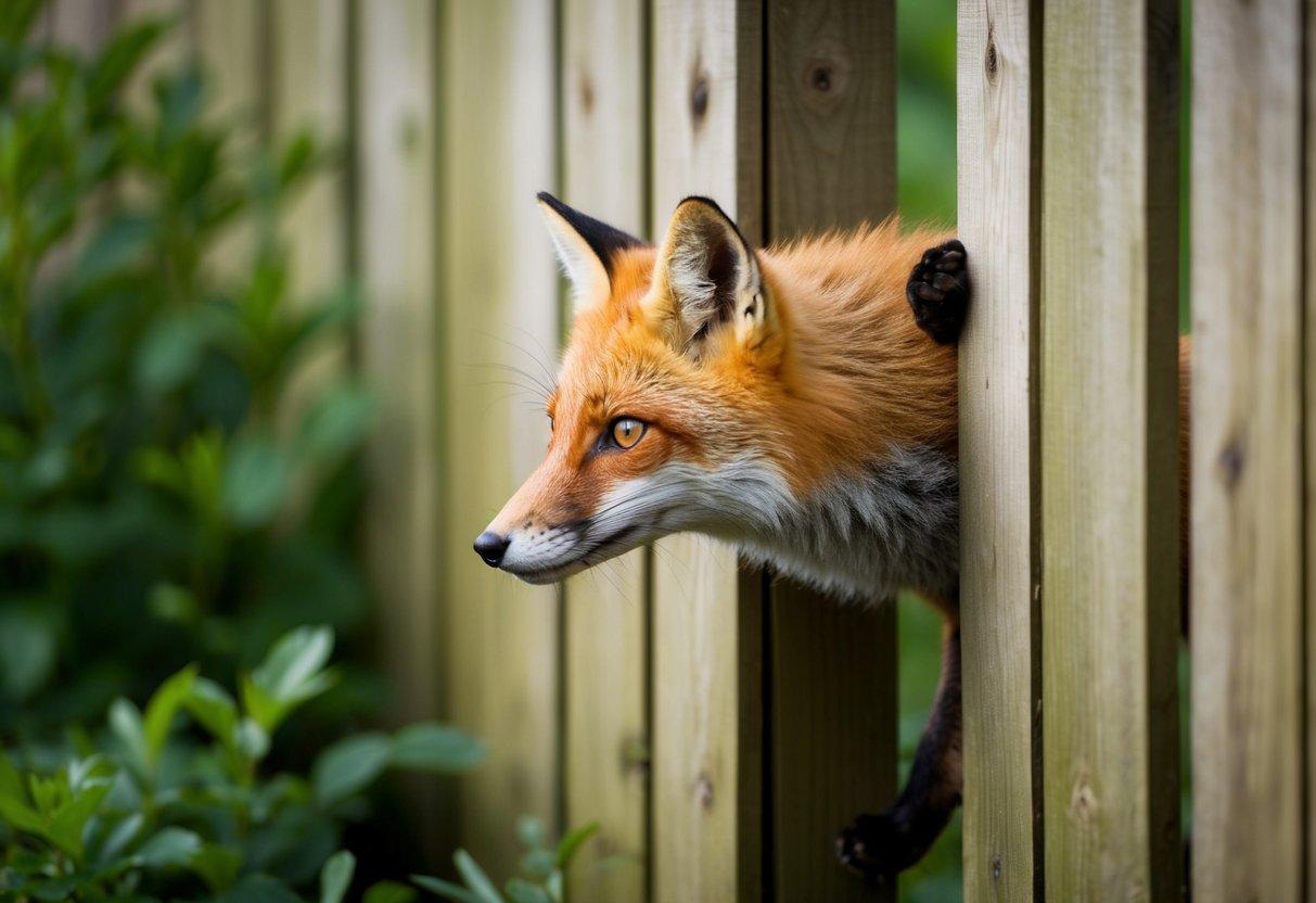 A fox squeezes through a gap in a wooden fence, its orange fur contrasting against the green foliage