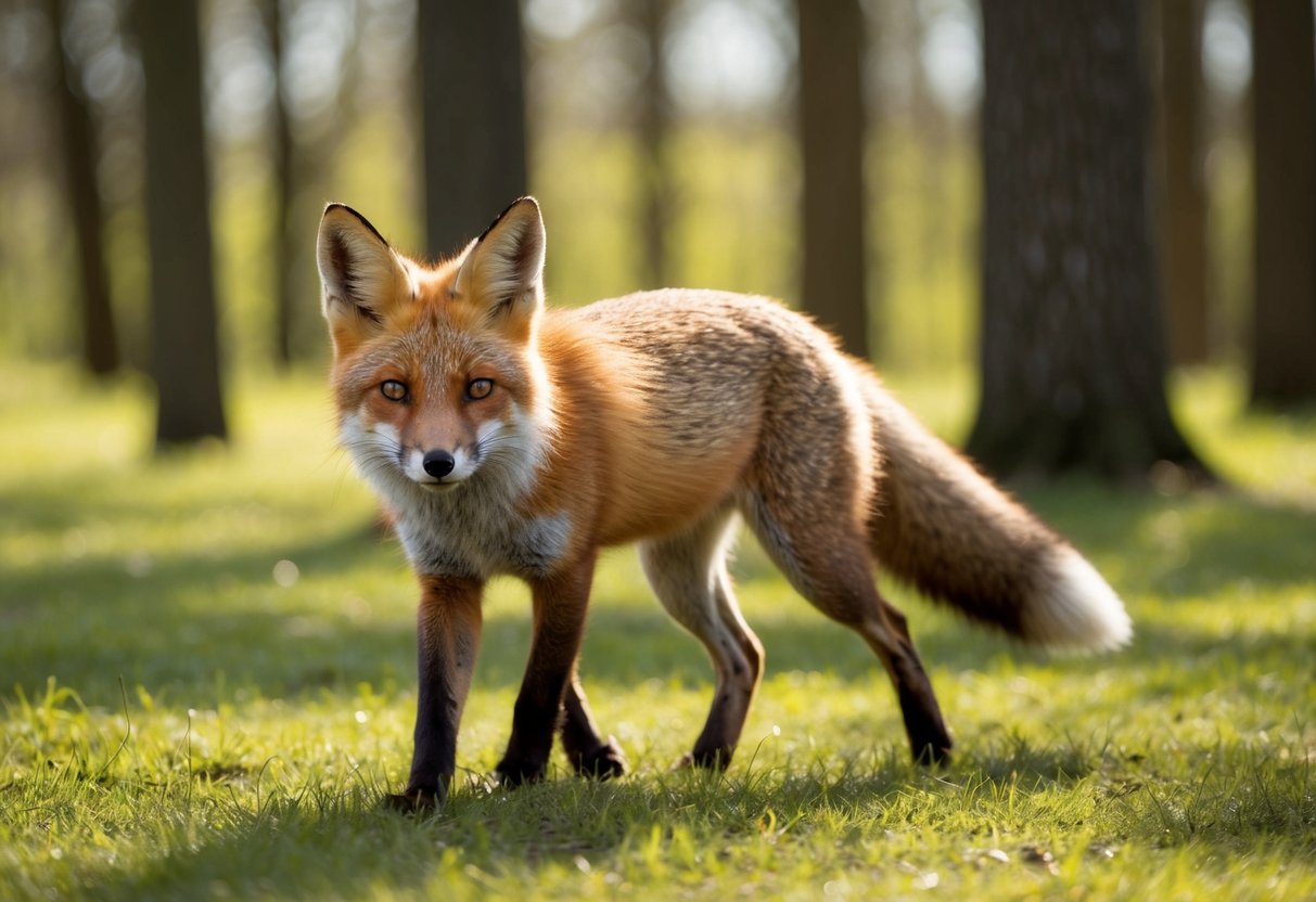 A red fox trots through a sunlit forest, its ears perked and eyes alert as it scans the surroundings during daylight