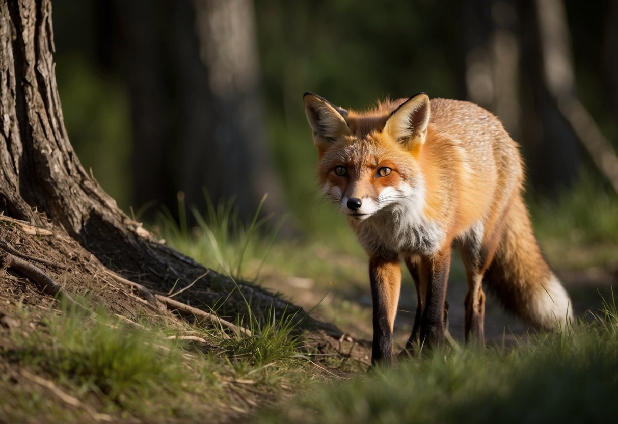 A red fox cautiously emerges from a wooded area, its fur glowing in the sunlight as it scans the surroundings for any potential threats
