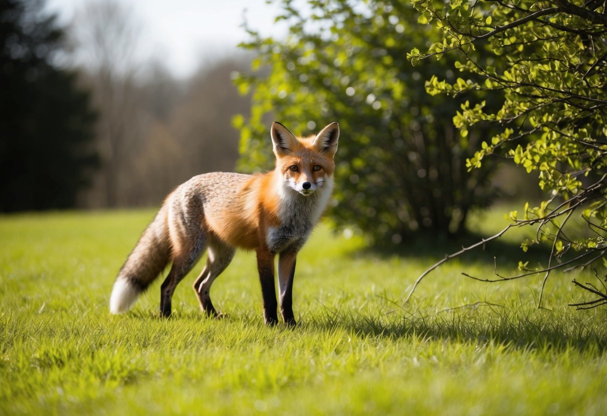 A red fox standing in a grassy field, surrounded by trees and bushes. The sun is shining, and the fox is looking around curiously