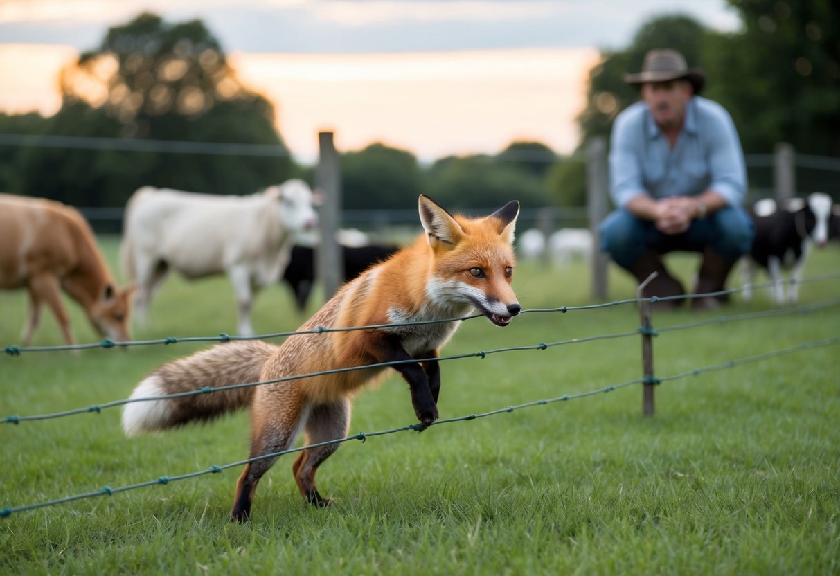 A fox attempts to squeeze through a wire fence, while a concerned farmer watches from a distance. Livestock and pets are seen grazing in the background