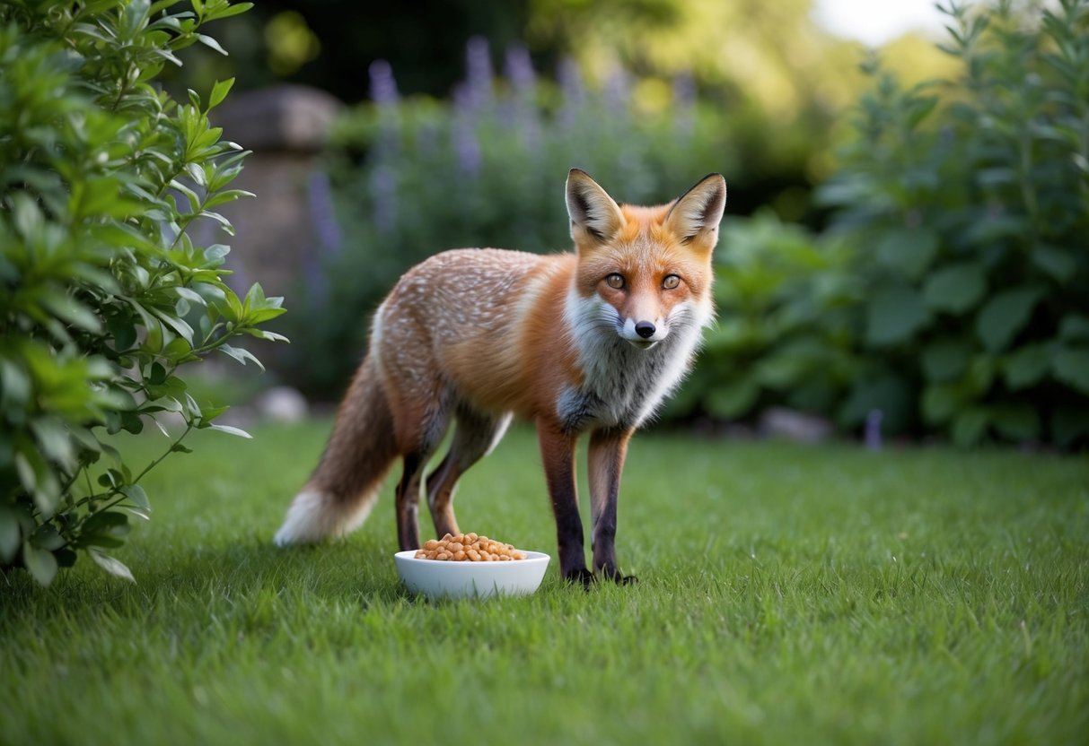 A fox stands in a lush garden, surrounded by greenery. A small bowl of food sits nearby, tempting the fox with its contents