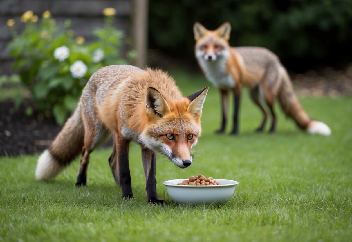 A fox cautiously approaches a garden with a bowl of food, while another fox watches from a distance