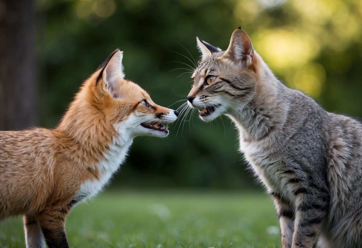 A cat arches its back and hisses at a fox, its fur bristling as it defends itself