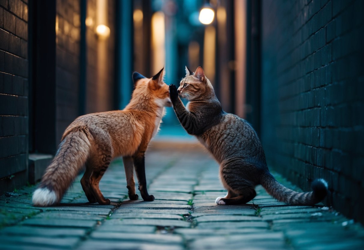 A cat arches its back, hissing at a fox lurking nearby in a dimly lit alleyway