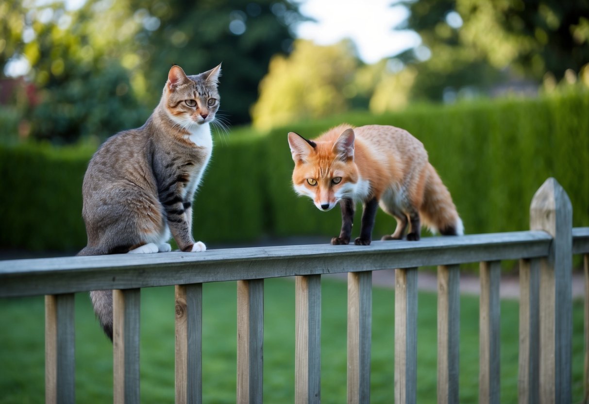 A cat perched on a high fence, staring down a curious fox at the edge of a lush, fenced-in garden