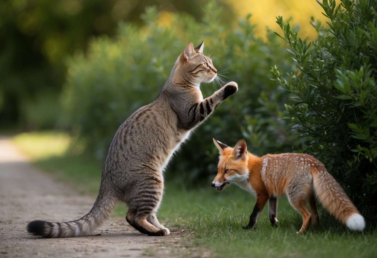 A cat arches its back, hissing at a fox lurking in the bushes