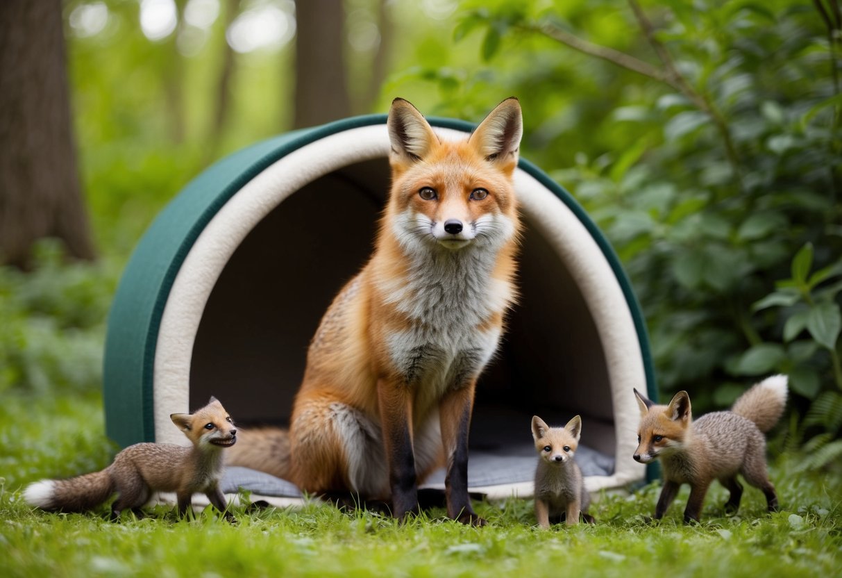 A pet fox sitting in a cozy den, surrounded by lush greenery and playful woodland creatures