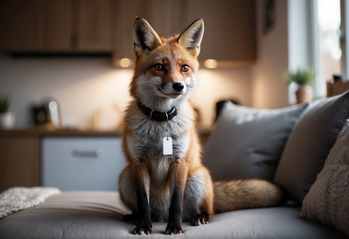 A fox sitting in a cozy domestic setting, with a collar around its neck and a small price tag next to it