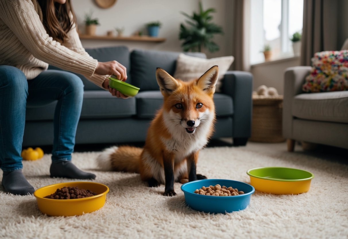 A pet fox sits in a cozy living room, surrounded by toys and food bowls. A person is seen feeding and grooming the fox