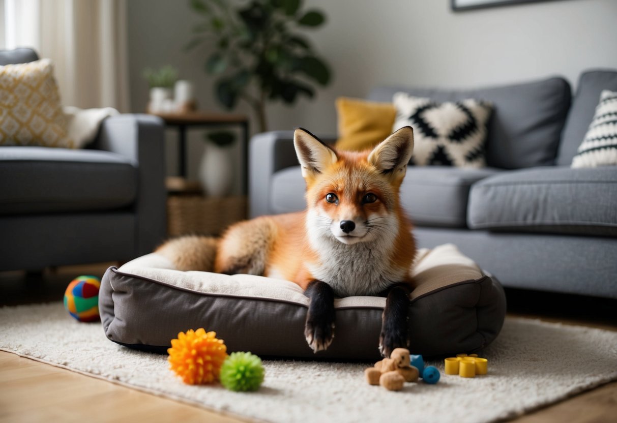 A red fox lounges on a cozy pet bed in a living room, surrounded by toys and treats