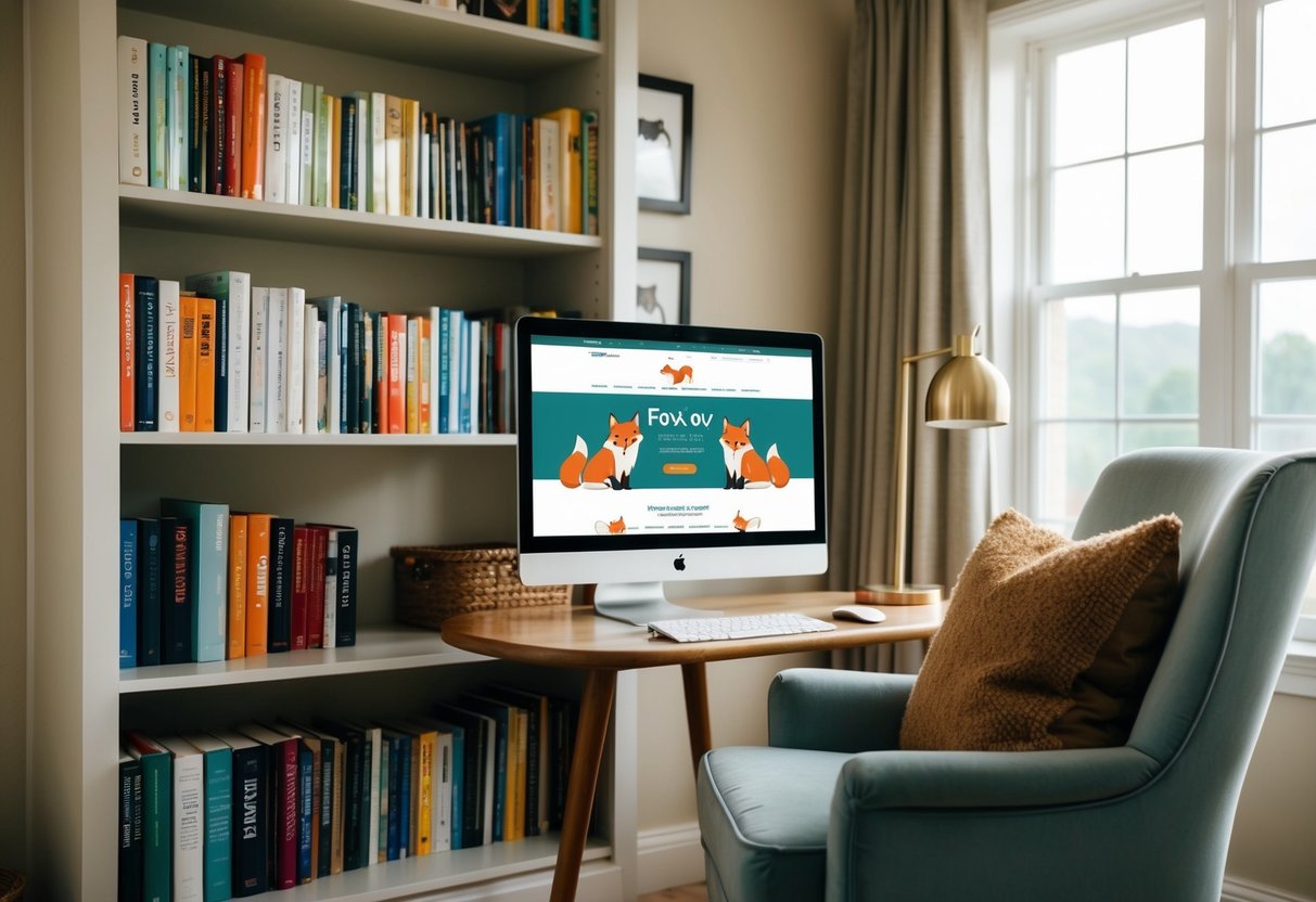A cozy living room with shelves of books on fox care, a computer open to a website about fox adoption, and a comfortable chair for potential fox owners to sit and read