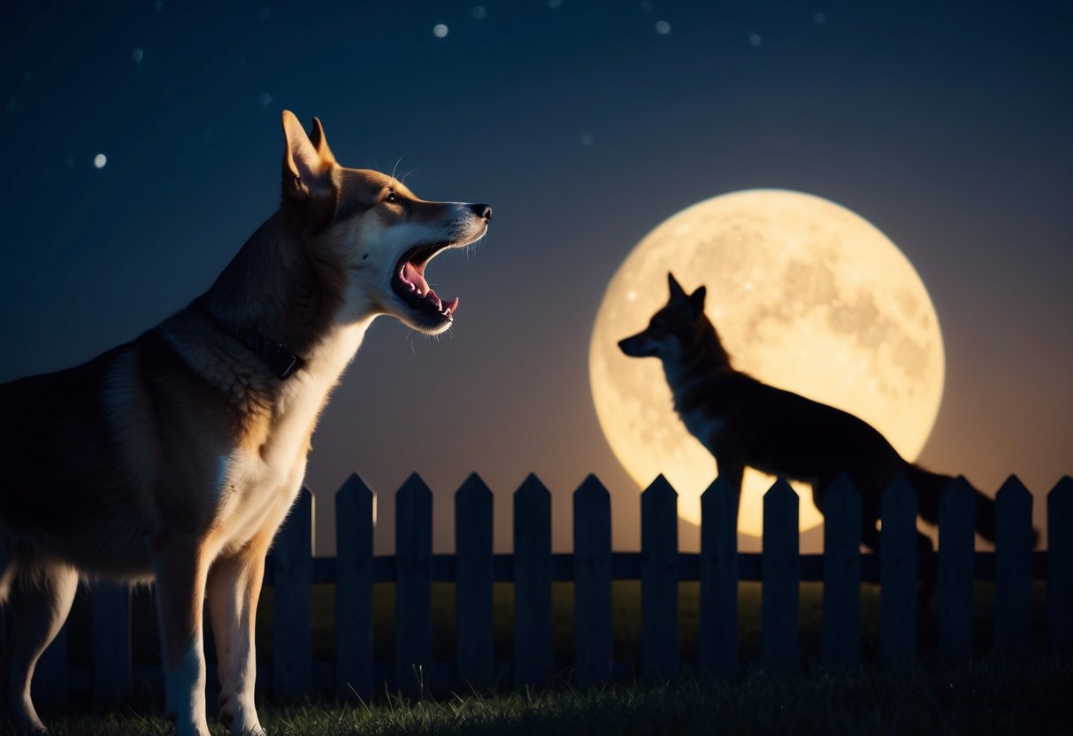 A dog standing at a fence, barking fiercely at a silhouette of a fox in the moonlit night