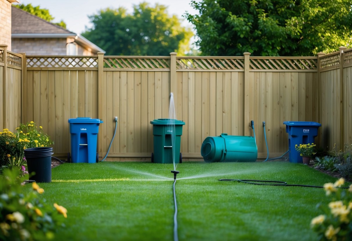 A garden with a tall fence, scattered trash cans, and a motion-activated sprinkler system