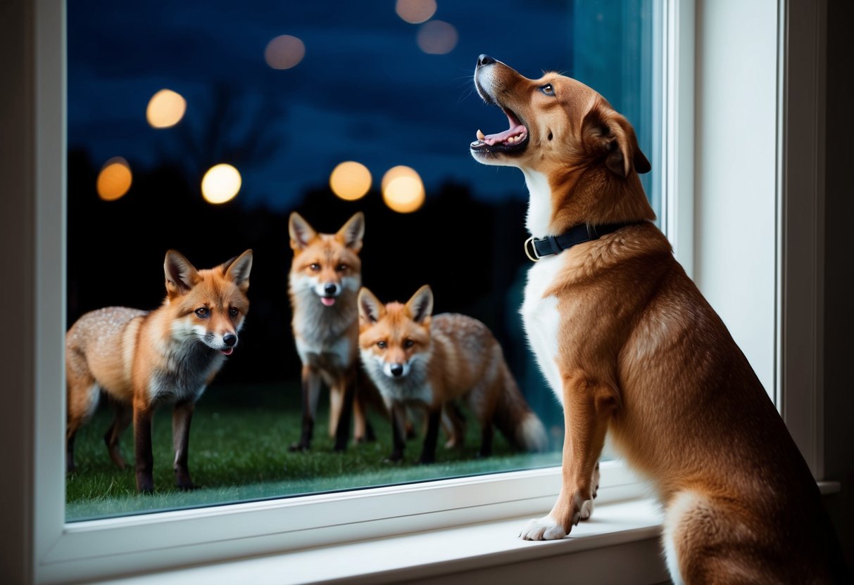 A dog standing at a window, barking fiercely at a group of foxes lurking outside in the darkness of the night