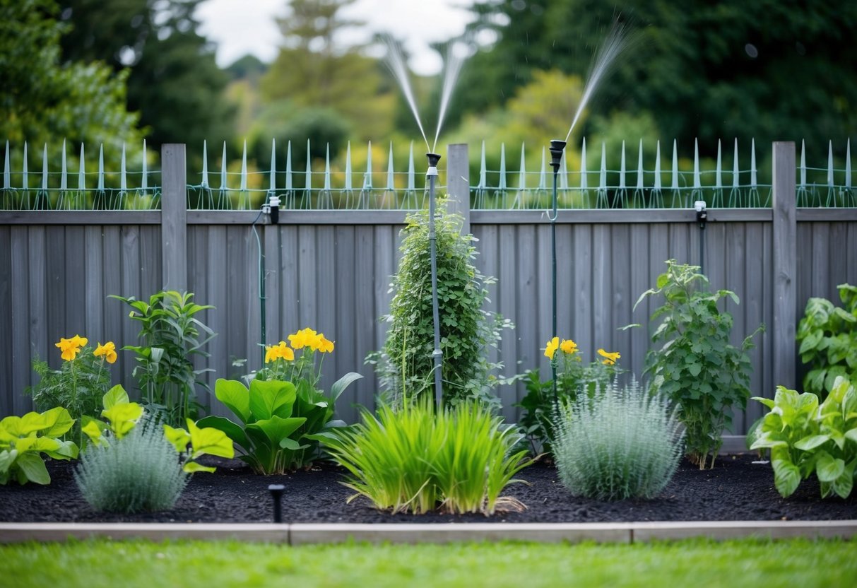 A garden surrounded by a tall fence with spikes on top, motion-activated sprinklers, and strong-smelling plants strategically placed to deter foxes