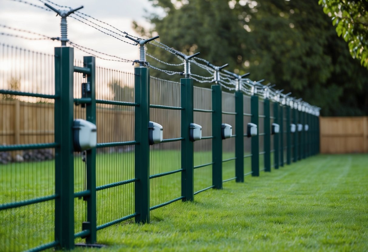 A garden with tall, sturdy fences topped with barbed wire, motion-activated sprinklers, and strategically placed ultrasonic animal repellents