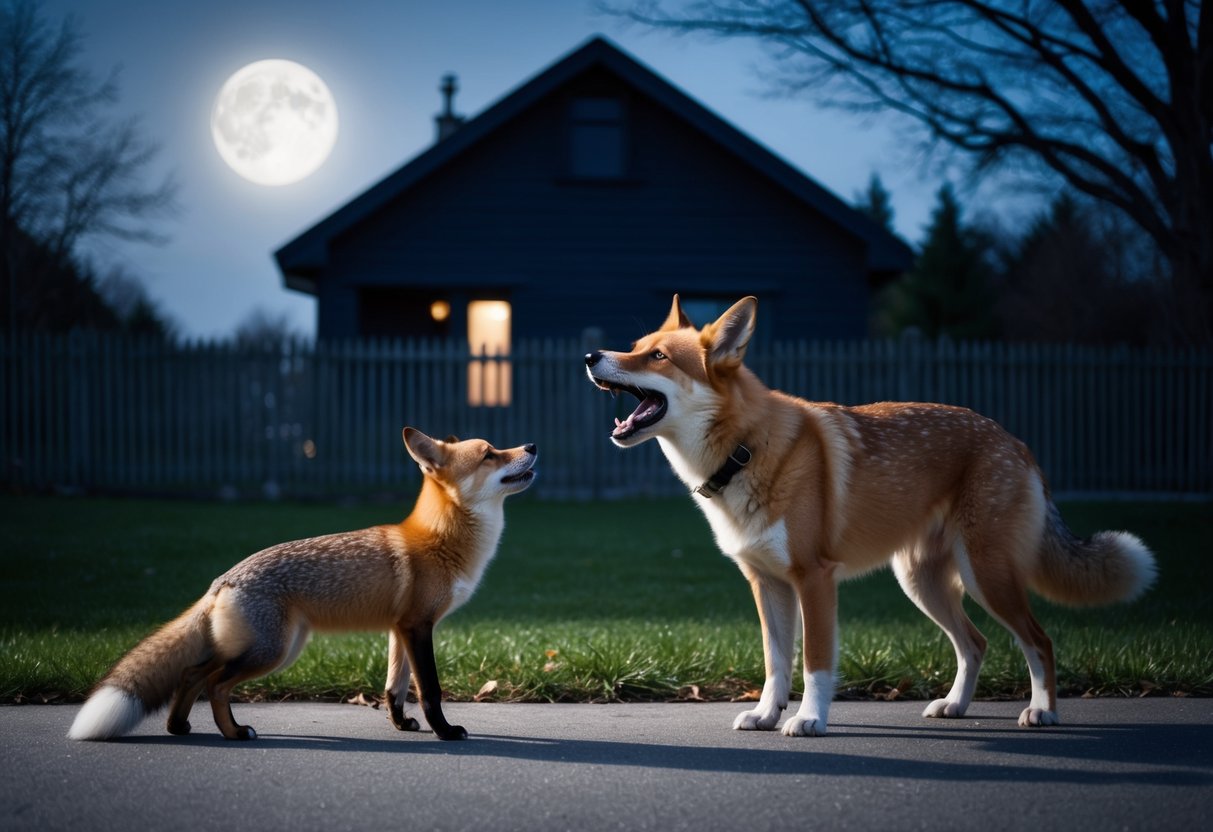 A dog barking at a fox outside a dark house, with a fence and moonlit trees in the background