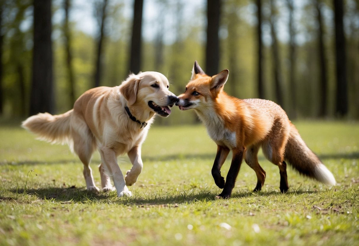 A golden retriever and a red fox playfully chase each other through a sun-dappled forest clearing. They pause to sniff each other's noses, forging an unlikely friendship