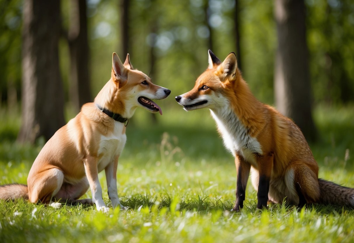 A dog and a fox playfully nose each other in a sun-dappled forest clearing