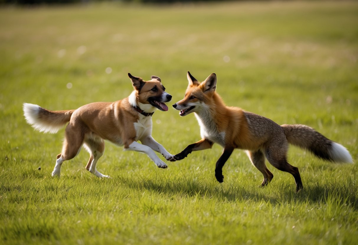 A dog and a fox playfully interact in a grassy meadow, their tails wagging as they chase each other in a display of friendship and camaraderie
