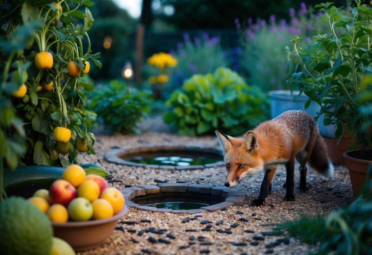 A garden with ripe fruits and vegetables, scattered birdseed, and a small pond with fish. A fox sneaking in at dusk, drawn to the scent of food