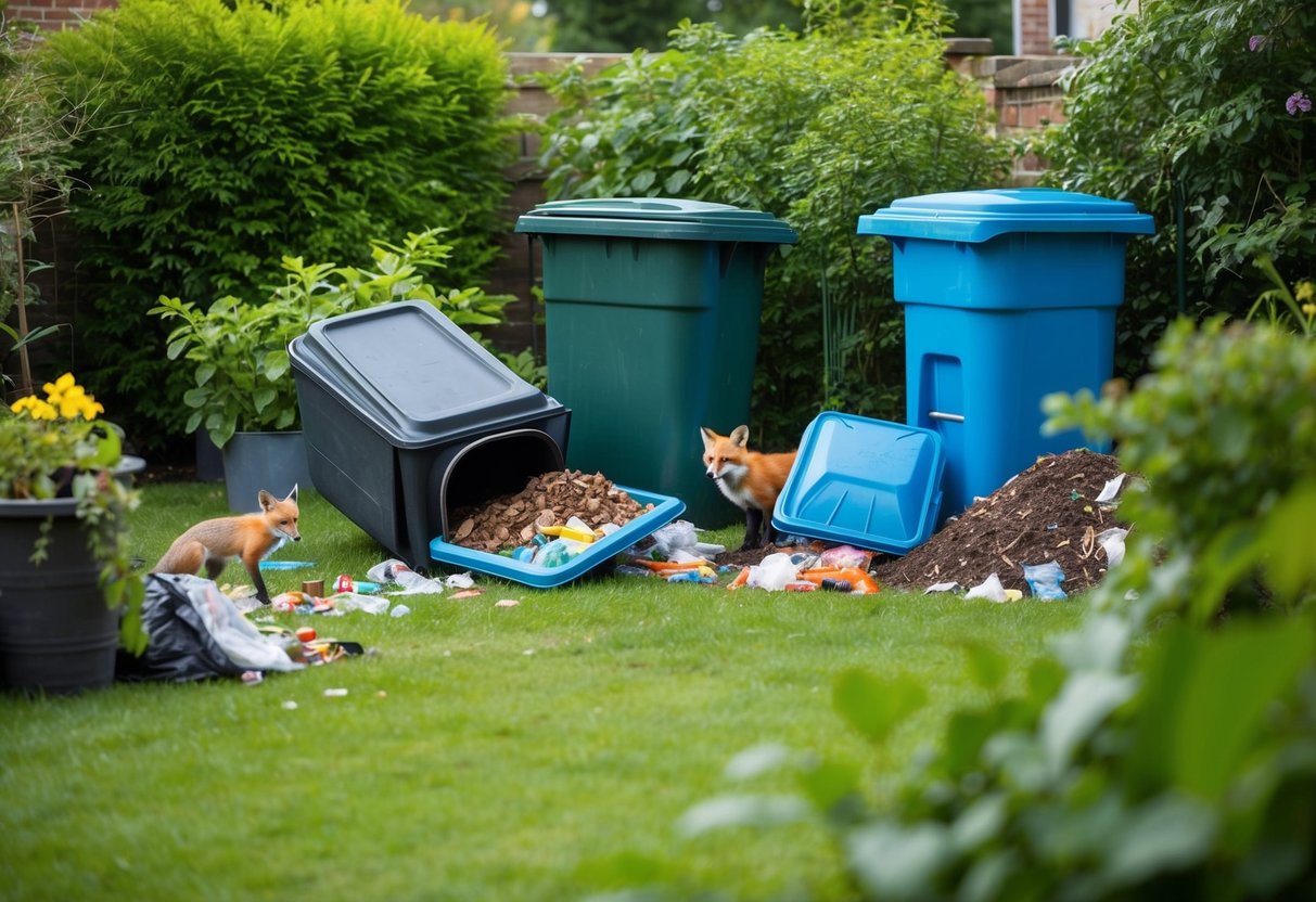 A lush garden with overturned trash bins, scattered pet food, and unsecured compost piles, attracting foxes