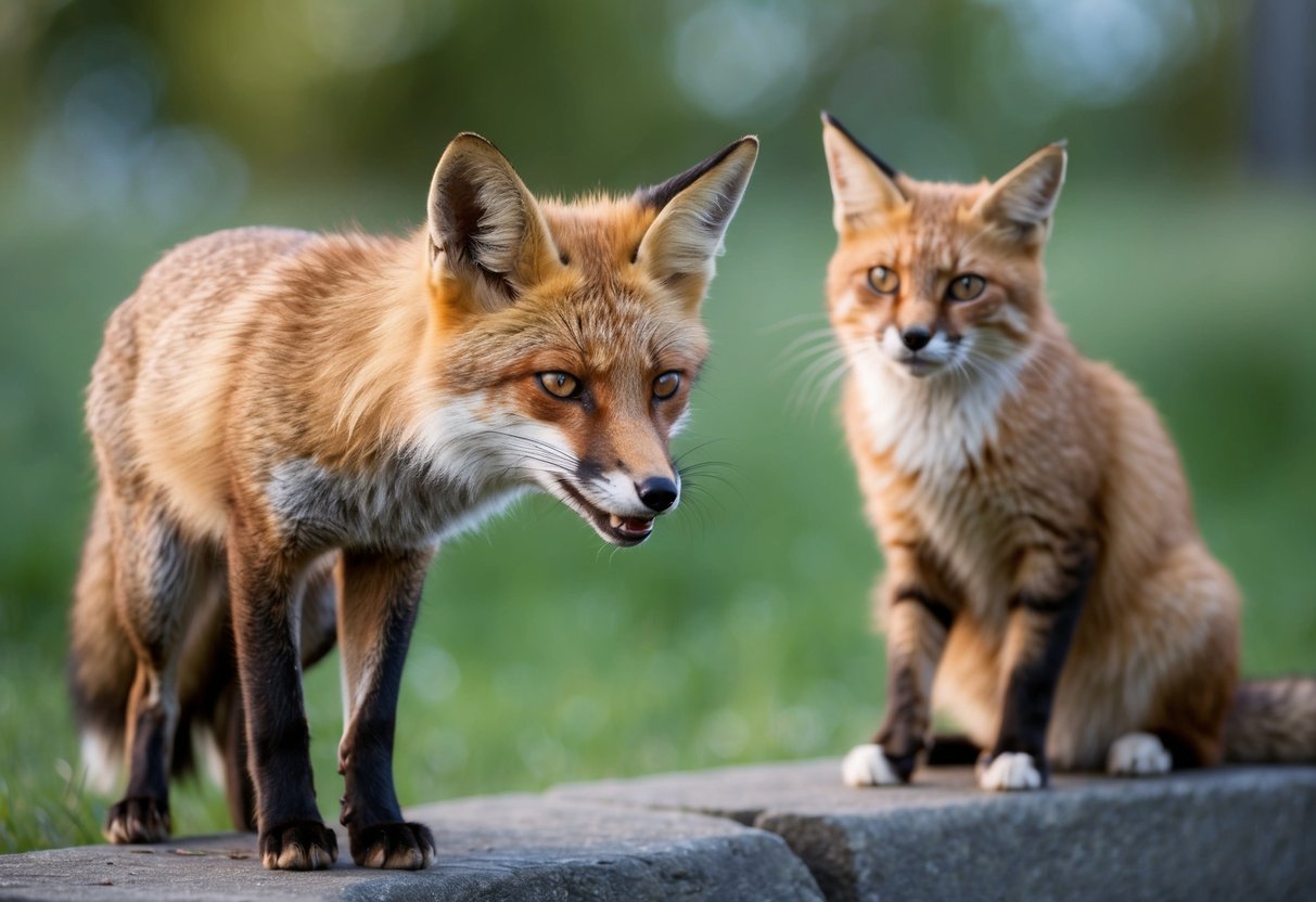 A fox cautiously watches a cat from a distance, its ears perked up and body tense with apprehension