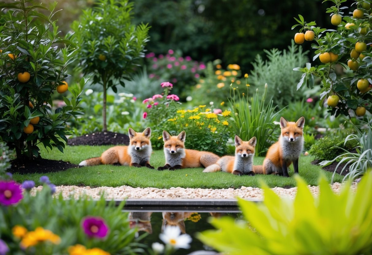 A garden with lush vegetation, a small pond, and scattered fruit trees. A family of foxes lounging in the sun, surrounded by a variety of flowers and plants