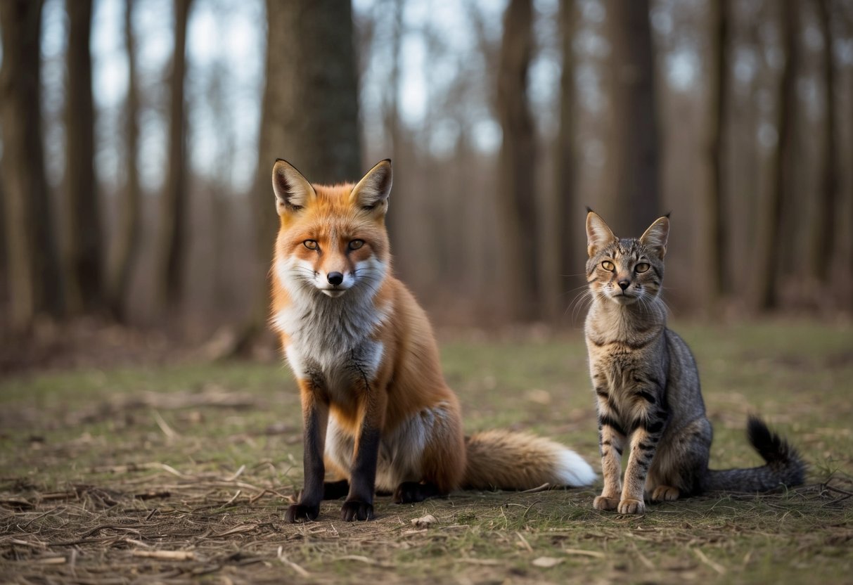 A cautious fox cautiously watches a confident cat from a distance in a wooded area, both animals aware of each other's presence