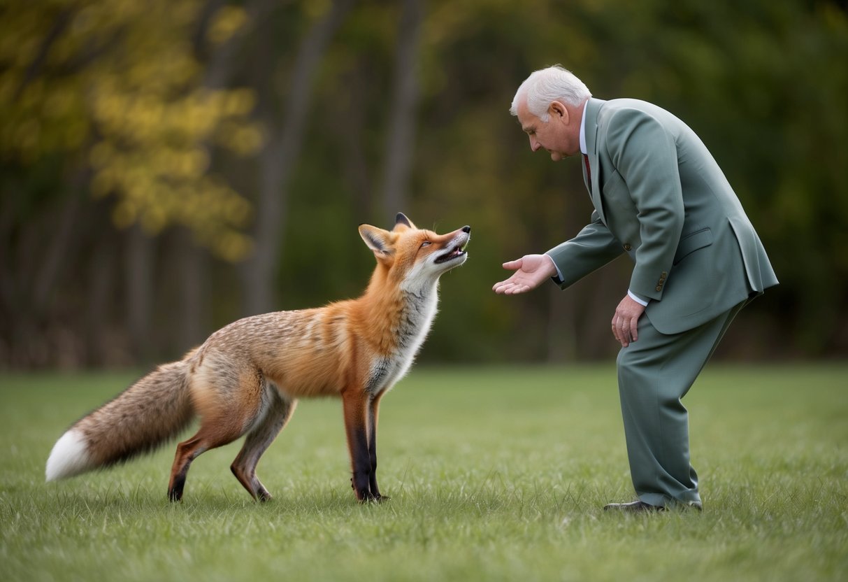A fox approaches a familiar figure, wagging its tail and tilting its head in recognition