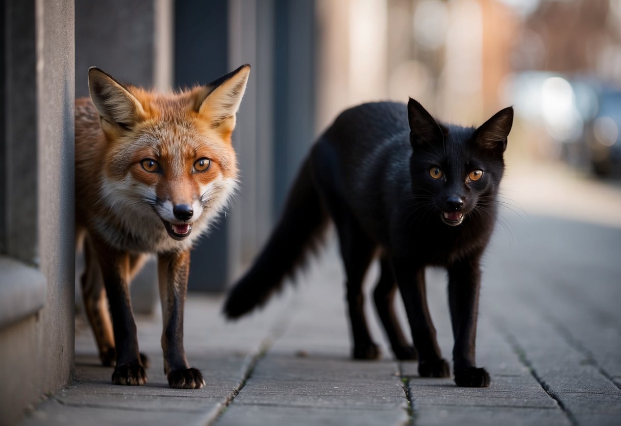 A fox cowers in a corner, eyes wide with fear as a sleek black cat prowls nearby