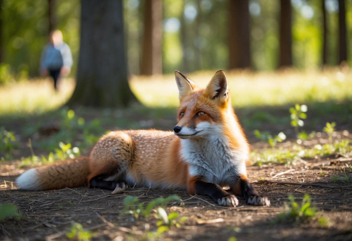 A red fox lounges in a sun-dappled forest clearing, its intelligent eyes gazing thoughtfully at a distant figure