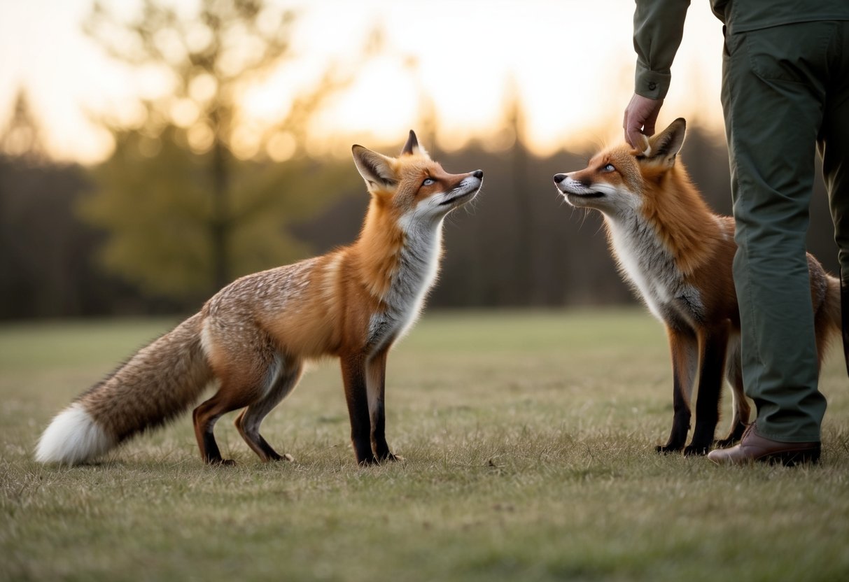 A fox approaches a familiar figure, wagging its tail and looking up expectantly