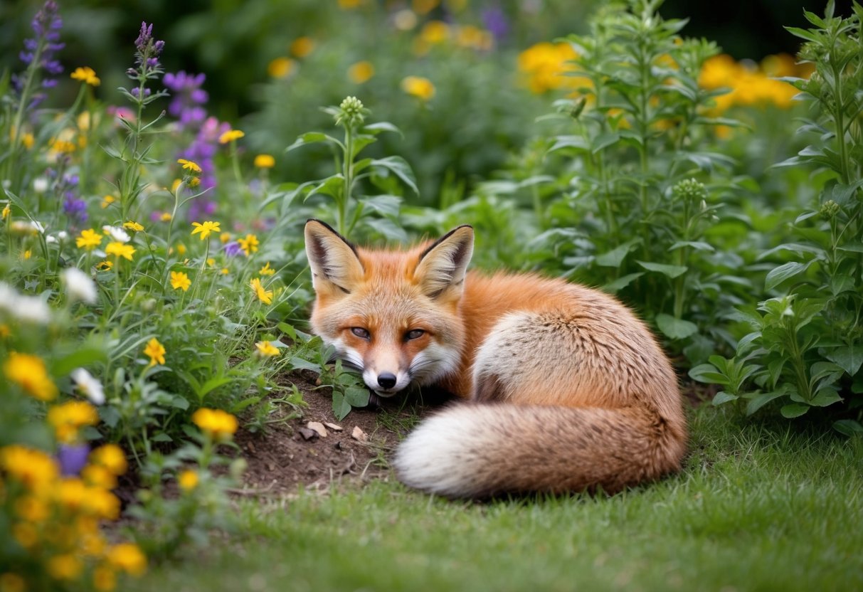 A fox curls up in a cozy patch of wildflowers, nestled among the greenery of a lush garden