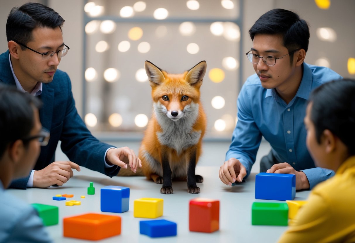 A fox surrounded by various objects and people, some familiar and some unfamiliar, while researchers observe its reactions