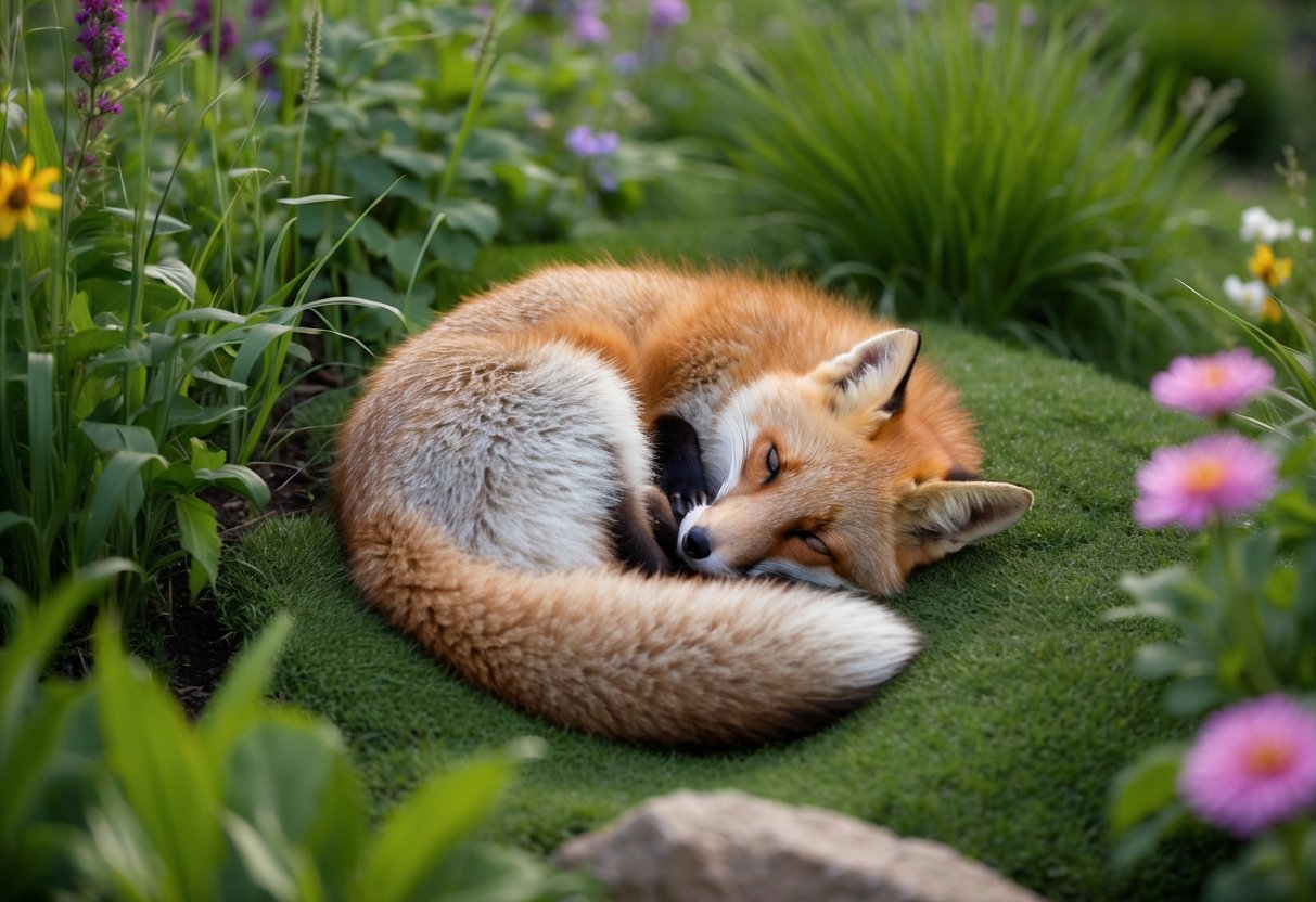 A fox curled up in a cozy patch of lush greenery, nestled among vibrant flowers and tall grass in a peaceful garden setting
