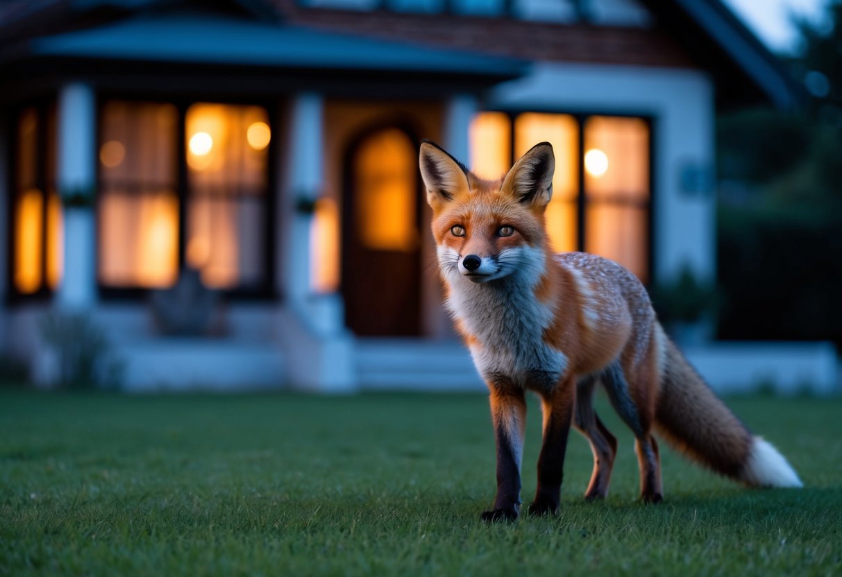 A fox approaches a quaint house at dusk, its bright eyes reflecting the warm glow from within