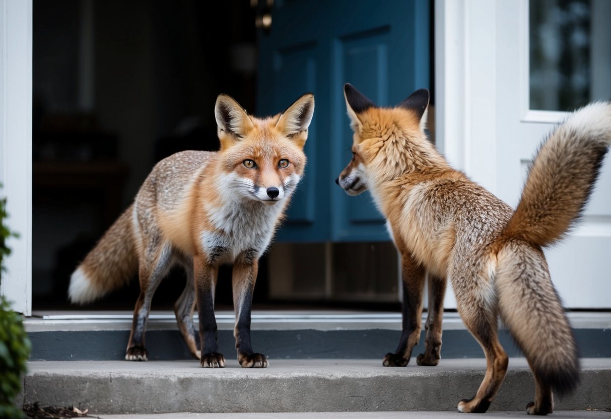 A fox stands at a doorstep, ears alert, eyes focused. Another fox approaches, tails wagging in greeting