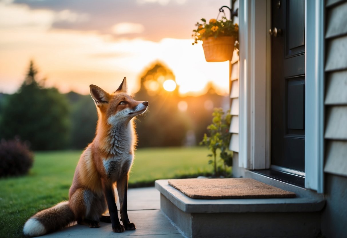 A fox stands at the doorstep, looking up at the house with curious eyes as the sun sets behind it