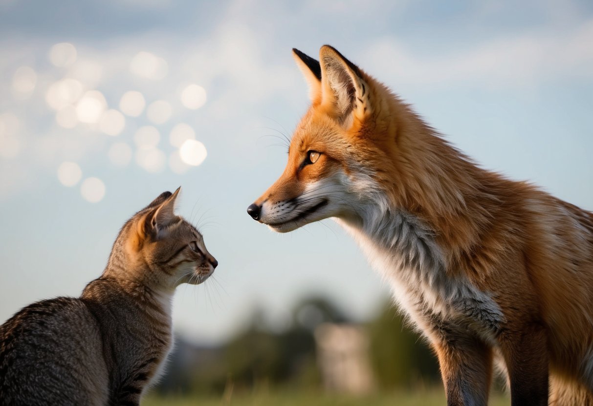 A fox watches a cat from a distance, showing no signs of aggression