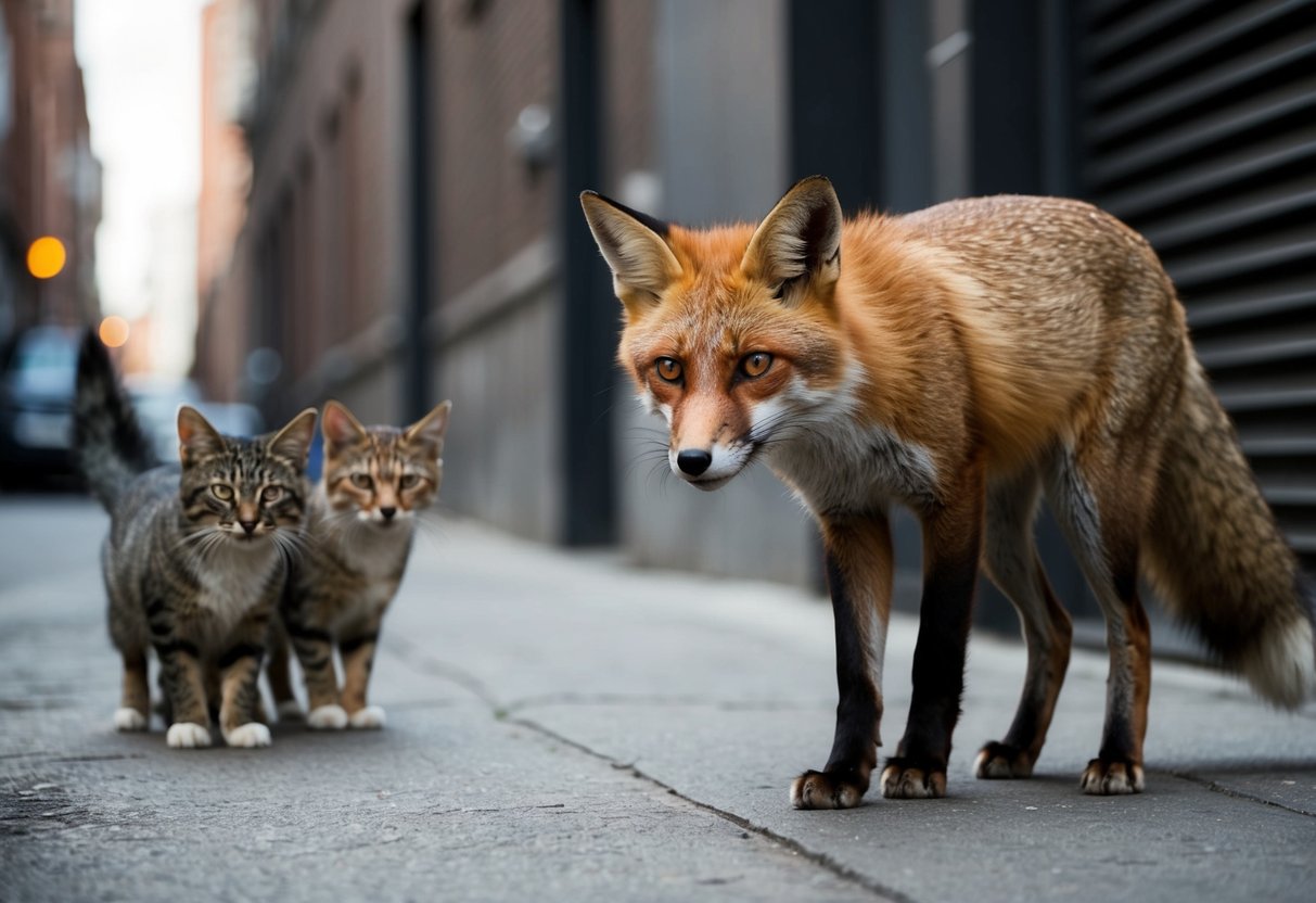 A fox prowls through a city alley, eyeing a group of wary cats cautiously