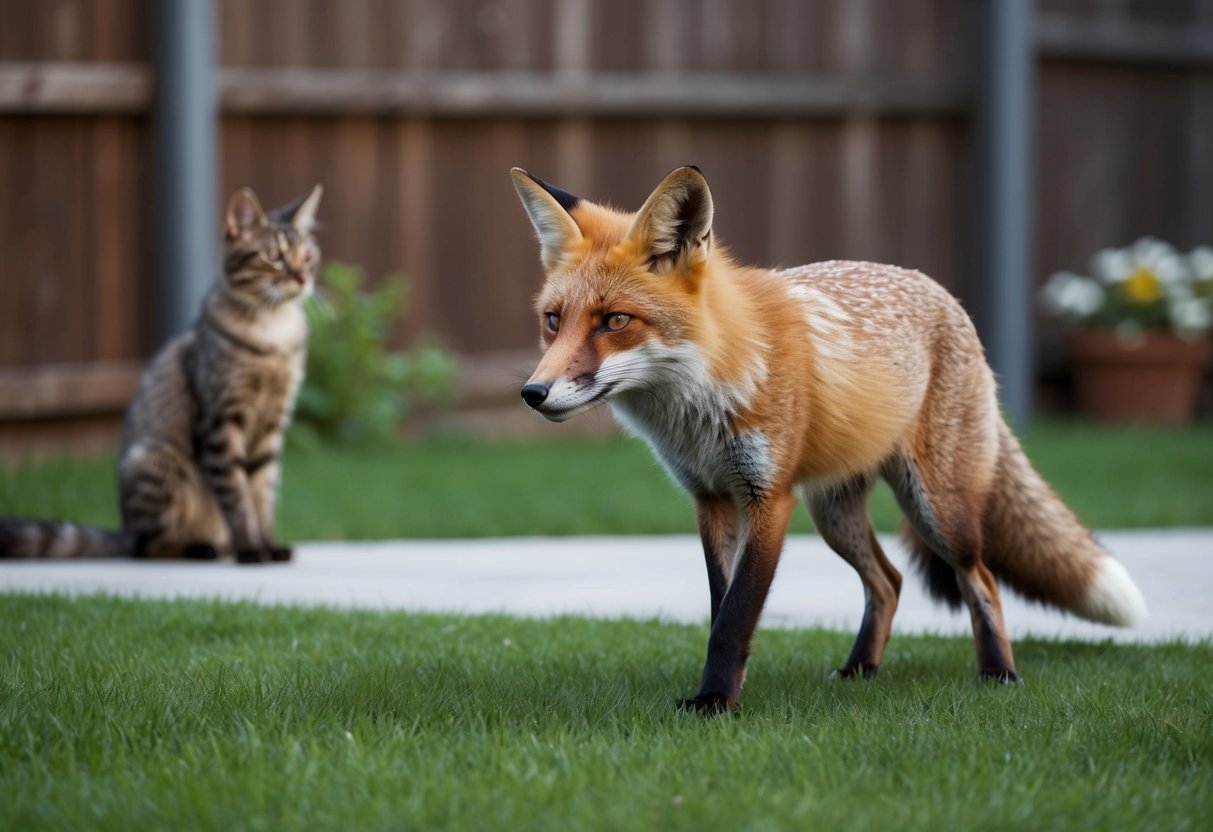 A fox prowls near a backyard, eyeing a cat from a distance
