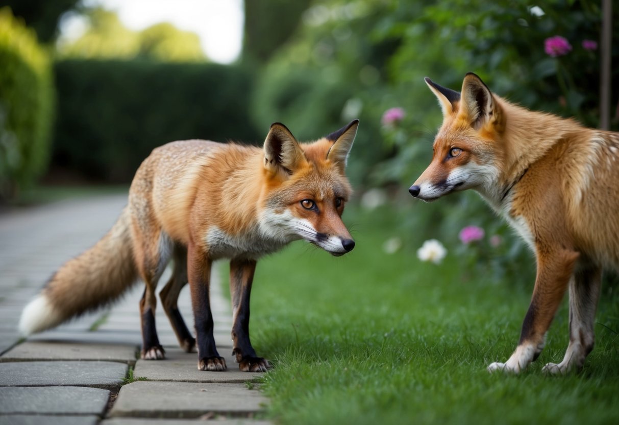 A fox cautiously peers from the edge of a garden, eyeing a nearby dog with suspicion