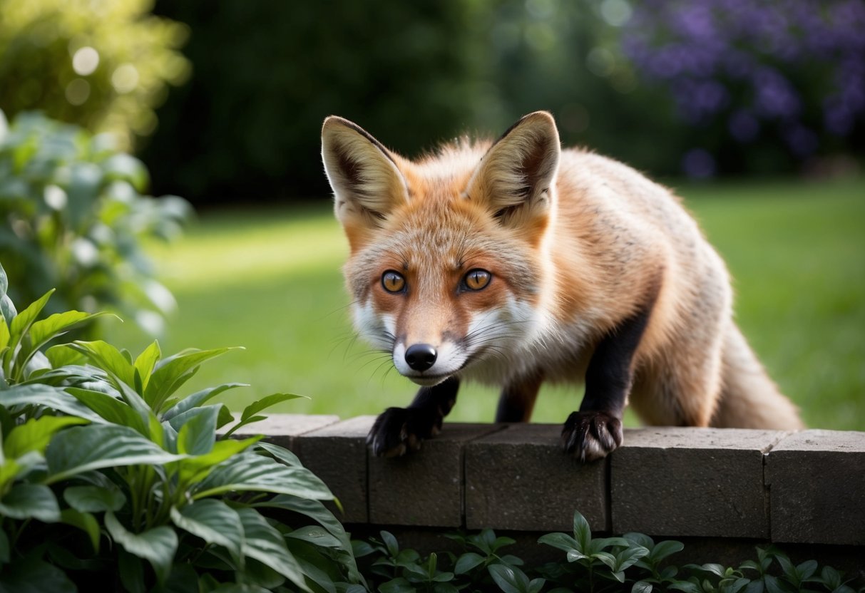 A fox cautiously peeks out from the edge of a lush garden, its ears perked up and eyes darting around for any sign of a nearby dog