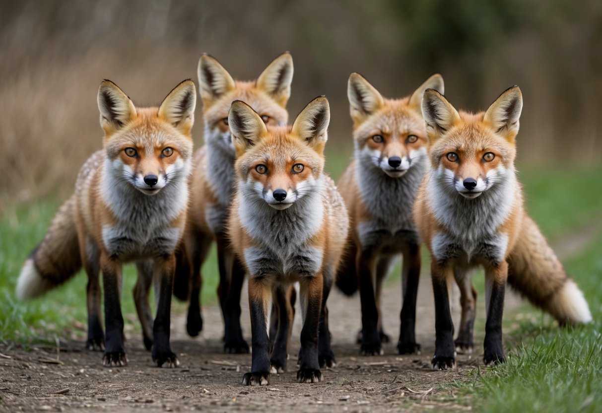 A group of UK foxes approach cautiously, their eyes curious and tails held high