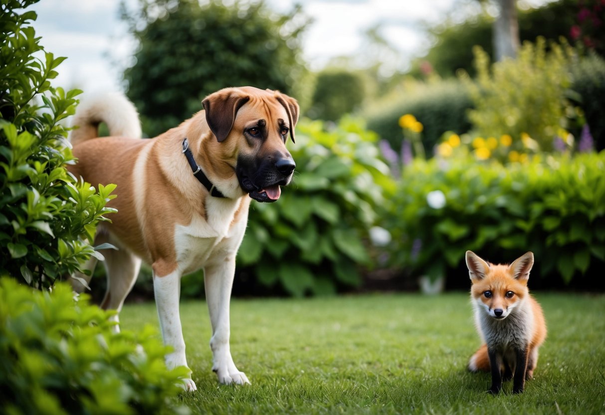 A large dog guarding a lush garden, with a wary fox peering from the edge