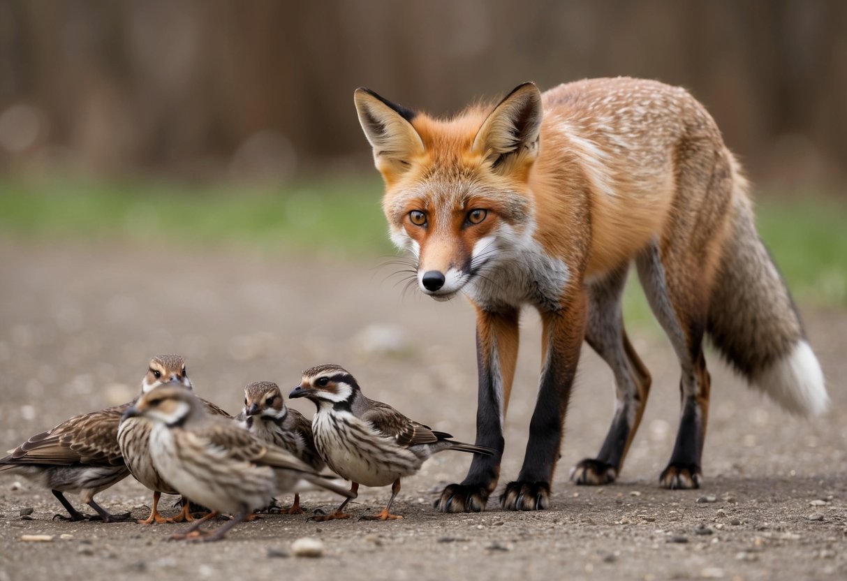 A fox cautiously approaches a group of birds feeding on the ground, its ears perked and eyes focused, showing curiosity and potential friendliness