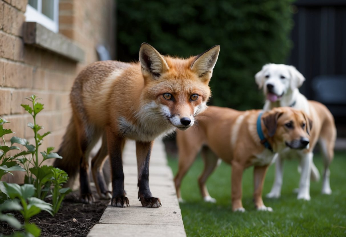 A fox cautiously peers out from the edge of a garden, eyeing a nearby dog. Other backyard animals watch from a safe distance