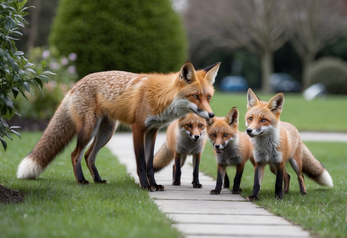 A fox approaches a garden, sniffing the air cautiously. A family of foxes play together in a park, their tails wagging happily